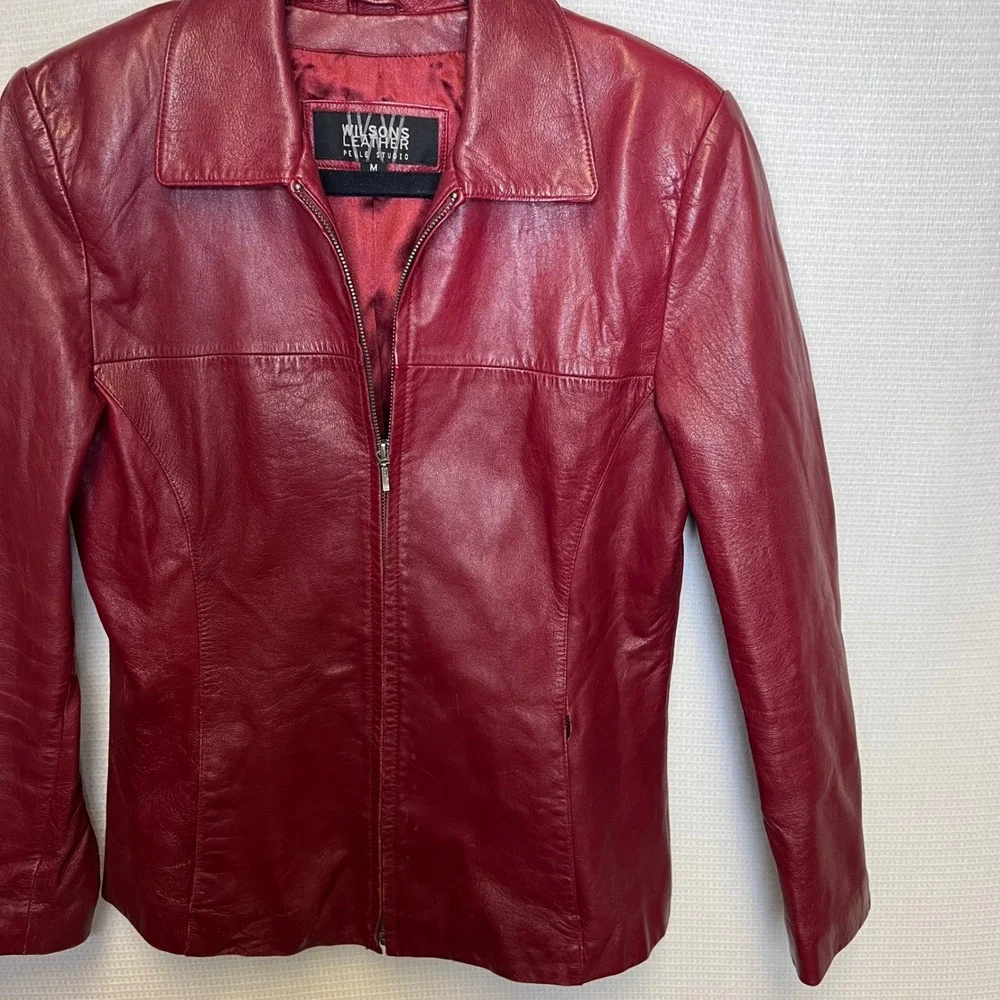 Wilsons Leather Pelle Studio Red Genuine Leather Zip Up Jacket‎ Womens Medium - Picture 2 of 9